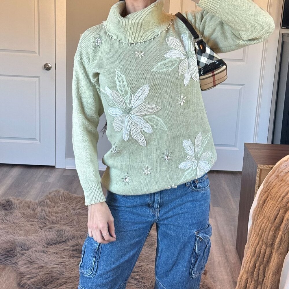 Vtg Beaded Floral Embroidered Knit Turtleneck Sweater Cottagecore Grandma Chic